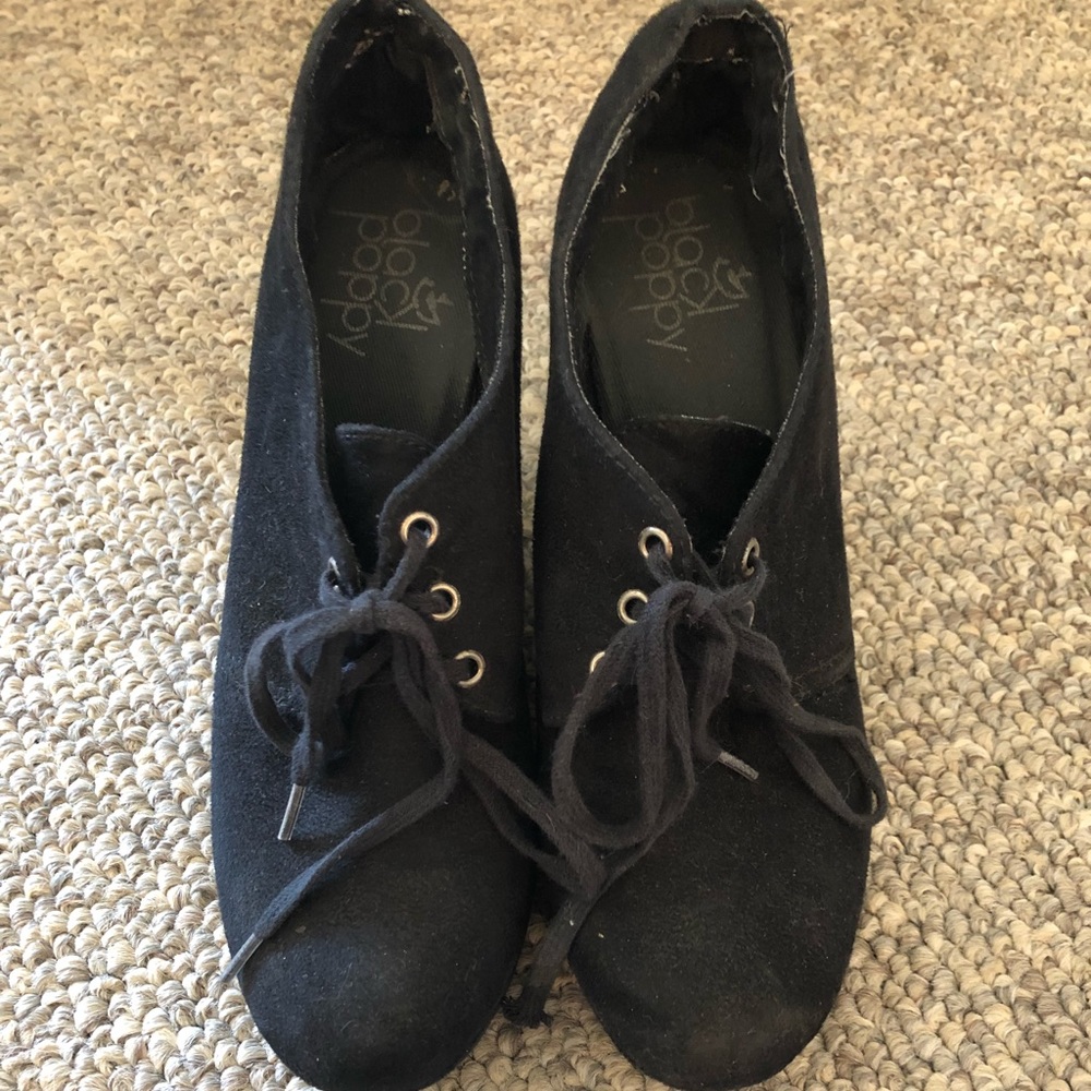 Black Poppy lace up booties, suede